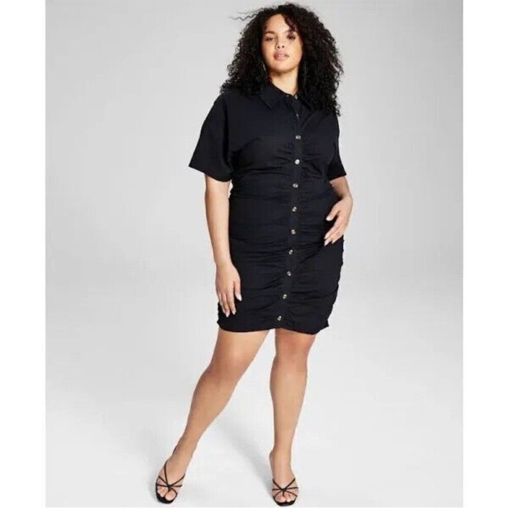 And Now This Black Collared Short Sleeve Button Front Rouched Dress Large